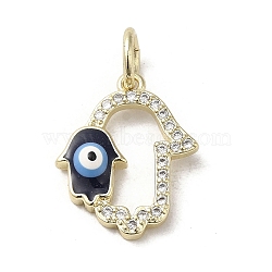 Brass Micro Pave Cubic Zirconia Pendants, with Enamel, with Jump Ring, Real 18K Gold Plated, Hamsa Hand/Hand of Miriam with Evil Eye, Prussian Blue, 16.5x13.5x2mm, Hole: 4mm(KK-E092-24G-03)