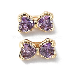 Brass Pave Cubic Zirconia Multi-Strand Links, 3-Hole, Bowknot, Real 18K Gold Plated, Dark Violet, 7x12x7mm, Hole: 1.2mm(FIND-Z029-12D)