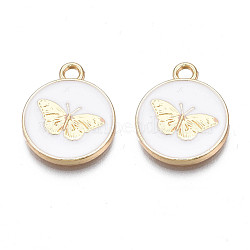 Alloy Enamel Pendants, Cadmium Free & Nickel Free & Lead Free, Light Gold, Flat Round with Butterfly, White, 18x15x2mm, Hole: 2mm(PALLOY-N170-002E-NR)