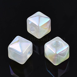 Acrylic European Beads, AB Color Plated, Large Hole Beads, with Glitter Powder, Cube, White, 15x18.5x18.5mm, Hole: 6mm(PACR-S224-01)