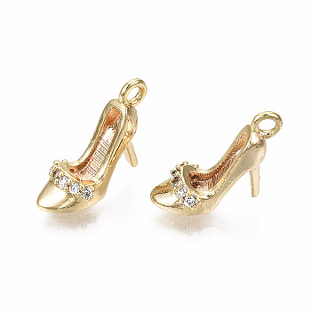 Brass Mirco Pave Clear Cubic Zirconia Charms, Nickel Free, High-Heeled Shoes Shape, Real 18K Gold Plated, 9.5x12x5mm, Hole: 1.4mm
