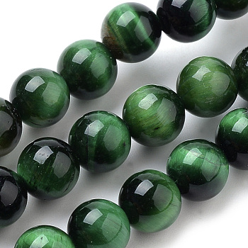 Natural Tiger Eye Beads Strands, Dyed, Round, Green, 10mm, Hole: 1mm, about 37~40pcs/strand, 14.9~15.1 inch(38~38.5cm)