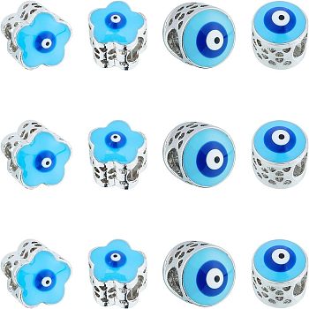 12Pcs 2 styles Brass Enamel European Beads, Large Hole Beads, Mixed Shapes with Evil Eye, Platinum, Light Sky Blue, 6pcs/style