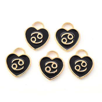 Light Gold Plated Alloy Enamel Pendants, Constellations, Black Heart, Cancer, 14x12x1.8mm, Hole: 4mm