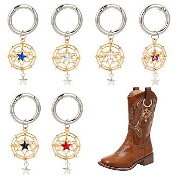 Alloy Rhinestone Shoe Charms, with Spring Gate Rings, Flat Round with Star Charm, for Boot Decoration, Mixed Color, 68mm, 6 colors, 1pc/color, 6pcs/set