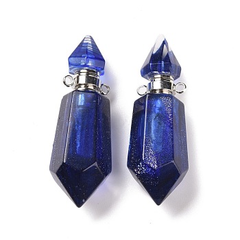 Faceted Glass Perfume Bottle Pendants, with Platinum Tone Brass Findings, Cadmium Free & Lead Free, Bottle, Midnight Blue, 42~44x13x13mm, Hole: 1.6mm