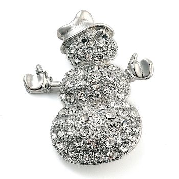 Christmas Theme Alloy Crystal Rhinestone Brooches, for Backpack Clothes, Snowman, Platinum, 54x43mm