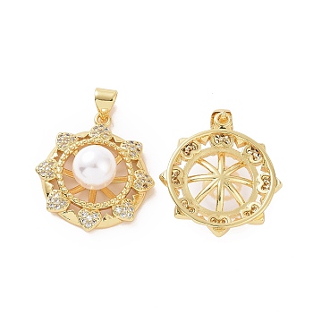 Brass Micro Pave Cubic Zirconia Pendants, with ABS Imitation Pearl, Helm with Heart Charm, Golden, 28x22x9mm, Hole: 5x3mm