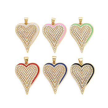 Brass Cubic Zirconia Pendants, with Enamel, Real 18K Gold Plated, Heart, Nickel Free, Mixed Color, 28.5x21x3mm, Hole: 3.5x4mm