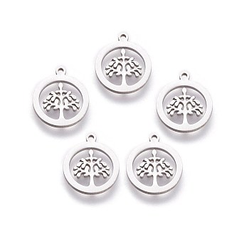 304 Stainless Steel Charms, Flat Round with Tree of Life, Stainless Steel Color, 14x12x1mm, Hole: 1mm