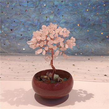 Natural Rose Quartz Chips Tree of Life Decorations, Ceramics Bowl Base with Copper Wire Feng Shui Energy Stone Gift for Women Men Meditation, 50x80mm