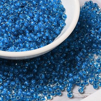 8/0 Transparent Glass Seed Beads, Inside Colours, Round Hole, Round, Dodger Blue, 3~3.5x2mm, Hole: 1~1.2mm, about 450g/bag