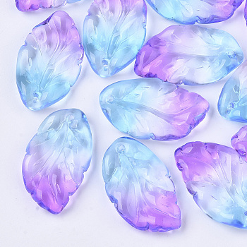 Two Tone Transparent Spray Painted Glass Pendants, Leaf, Colorful, 29x17x5mm, Hole: 1.4mm
