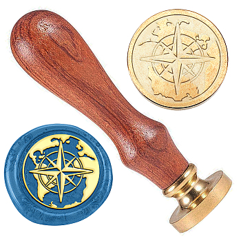 Wax Seal Stamp Set, Golden Tone Sealing Wax Stamp Solid Brass Head, with Retro Wood Handle, for Envelopes Invitations, Gift Card, Compass, 83x22mm, Stamps: 25x14.5mm