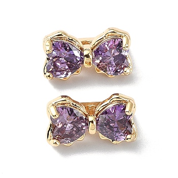 Brass Pave Cubic Zirconia Multi-Strand Links, 3-Hole, Bowknot, Real 18K Gold Plated, Dark Violet, 7x12x7mm, Hole: 1.2mm