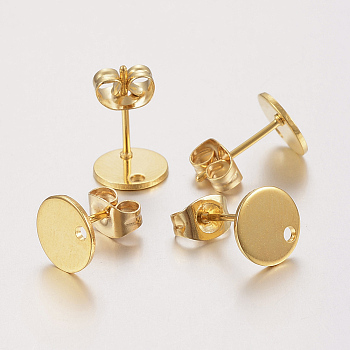 304 Stainless Steel Stud Earring Findings, with Loop and Flat Plate, Ear Nuts/Earring Backs, Flat Round, Golden, 8x0.8mm, Hole: 1.2mm, Pin: 0.8mm