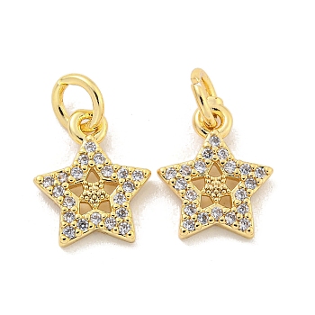 Brass Micro Pave Clear Cubic Zirconia Charms, Star, Golden, 12.5x9.5x1.5mm, Hole: 3mm