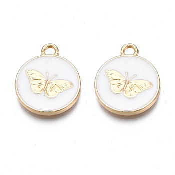Alloy Enamel Pendants, Cadmium Free & Nickel Free & Lead Free, Light Gold, Flat Round with Butterfly, White, 18x15x2mm, Hole: 2mm