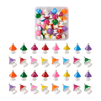 40pcs 8 Colors Opaque Resin Pendants, with Platinum Tone Iron Peg Bail, Mushroom with Polka Dots, Mixed Color, 23x17mm, Hole: 2mm