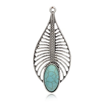 Antique Silver Plated Leaf Alloy Synthetic Turquoise Big Pendants, Dyed, Sky Blue, 61x27x6mm, Hole: 2mm