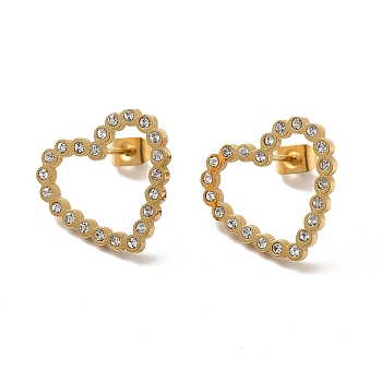 Crystal Rhinestone Hollow Out Heart Stud Earrings, Ion Plating(IP)304 Stainless Steel Jewelry for Women, Golden, 16x18x1.5mm, Pin: 0.8mm