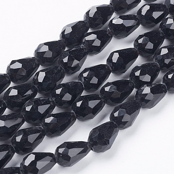 Glass Beads Strands, Faceted, Drop, Black, 11x8mm, Hole: 1mm, about 57~59pcs/strand, 26.38~26.77 inch