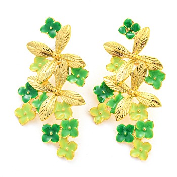 Saint Patrick's Day Theme Zinc Alloy Dangle Stud Earrings, Green, Flower, 58x31mm
