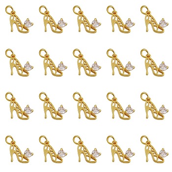 20Pcs Brass Micro Pave Cubic Zirconia Stilettos Charms, with Jump Ring, Long-Lasting Plated, High-heeled Shoes, Clear, Real 18K Gold Plated, 11x12x3mm, Hole: 3mm