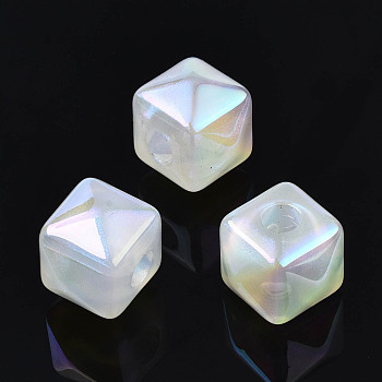 Acrylic European Beads, AB Color Plated, Large Hole Beads, with Glitter Powder, Cube, White, 15x18.5x18.5mm, Hole: 6mm