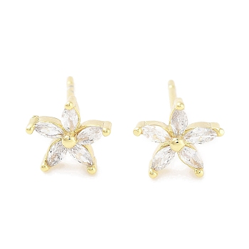 Brass Micro Pave Clear Cubic Zirconia Studs Earring for Women, Star, Real 18K Gold Plated, 7x8mm