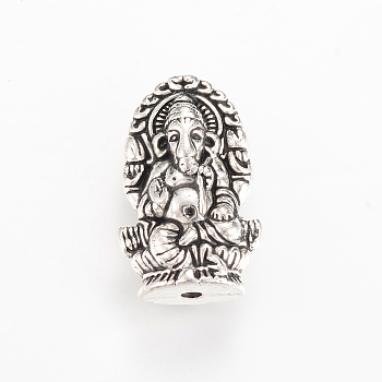 Tibetan Style Alloy Beads, Hindu Elephant God Lord Ganesh Statue, Cadmium Free & Lead Free, Antique Silver, 22x14x7.5mm, Hole: 2mm, about 175pcs/1000g