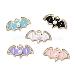 Alloy Enamel Pendants, Bat, with Rhinestone and ABS Plastic Imitation Pearl, Golden, Mixed Color, 14.5x25x5mm, Hole: 1.6mm(FIND-C079-02G)