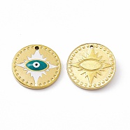 Vacuum Plating 201 Stainless Steel Pendant, with Enamel, Real 18K Gold Plated, Flat Round with Evil Eye Charm, Dark Cyan, 18x2.7mm, Hole: 1.2mm(STAS-J401-VC832)