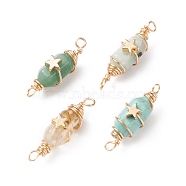 Natural & Synthetic Gemstone Double Terminal Pointed Connector Charms, with Light Gold Tone Copper Wire Wrapped & Alloy Star Beads, Faceted Bullet, 32~35x10~11x12~13mm, Hole: 3~3.7mm(PALLOY-JF01833)