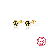 Real 18K Gold Plated 925 Sterling Silver Flower Stud Earrings, with Cubic Zirconia, Black, 5mm(TL5591-9)