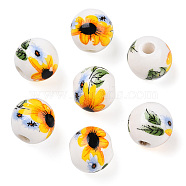 Handmade Porcelain Beads, Round with Sunflower Pattern, White, 10mm, Hole: 2mm(PORC-E021-01C)