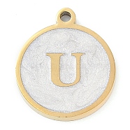 Ion Plating(IP) 201 Stainless Steel Pendants, with White Enamel, Real 18K Gold Plated, Flat Round with Letter, Letter U, 18.5x15.5x2mm, Hole: 1.6mm(STAS-K288-02G-U)