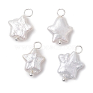 Natural Nucleated Baroque Keshi Pearl Pendants, Star Charms, with Silver Color Plated Brass Loops, Seashell Color, 15.5x11x4.5mm, Hole: 2.4mm(PALLOY-JF02900-02)