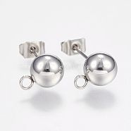 201 Stainless Steel Ball Stud Earring Post, Earring Findings, with Loop and 304 Stainless Steel Pins, Round, Stainless Steel Color, 7mm, Hole: 1.5mm, pin: 0.8mm(STAS-F088-01P)