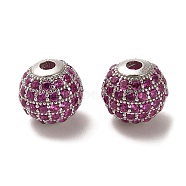 Rhodium Plated 925 Sterling Silver Micro Pave Cubic Zirconia Beads, Round, Real Platinum Plated, Fuchsia, 10x9mm, Hole: 2.2mm(STER-H110-24C-06P)