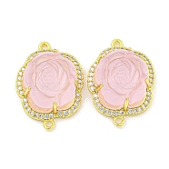 Rack Plating Brass Micro Pave Cubic Zirconia Link, Rose Resin Connector Charms, Long-Lasting Plated, Lead Free & Cadmium Free, Real 18K Gold Plated, Pink, 23.5x17x8.5mm, Hole: 1.5mm(KK-M291-25A)