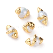 Natural Cultured Freshwater Pearl Beads, Covered with Brass, Golden Plated, Olive Shape, Seashell Color, 19~25x12~15mm, Hole: 0.8mm(PEAR-G008-08G)