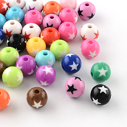 Star Pattern Opaque Acrylic Beads, Round, Mixed Color, 19~20x18mm, Hole: 3mm(X-SACR-R882-20mm-M)