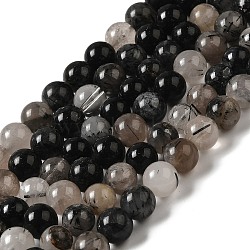 Natural Black Rutilated Quartz Beads Strands, Round, 8~9mm, Hole: 1mm, about 45~48pcs/strand, 15.7 inch.(G-R446-8mm-37-01)