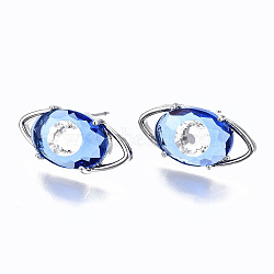 Brass Stud Earrings, with Glass and Steel Pins, Evil Eye, Platinum, Dodger Blue, 9x17.5mm, Pin: 0.6mm(GLAA-S193-040B-P)