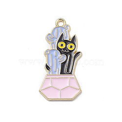 Alloy Enamel Pendants, Light Gold, Cat with Potted Plant Charm, Lavender, 30x15x1.3mm, Hole: 1.8mm(PALLOY-O108-02LG-04)