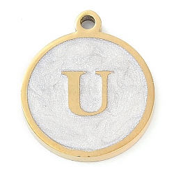 Ion Plating(IP) 201 Stainless Steel Pendants, with White Enamel, Real 18K Gold Plated, Flat Round with Letter, Letter U, 18.5x15.5x2mm, Hole: 1.6mm(STAS-K288-02G-U)