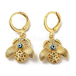 Real 18K Gold Plated Brass Dangle Leverback Earrings, with Enamel and Cubic Zirconia, Beetle with Evil Eye, Midnight Blue, 29.5x16mm(EJEW-A033-24G)