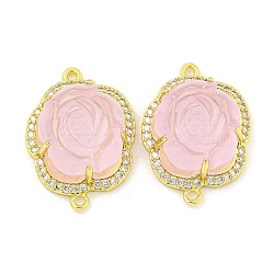 Rack Plating Brass Micro Pave Cubic Zirconia Link, Rose Resin Connector Charms, Long-Lasting Plated, Lead Free & Cadmium Free, Real 18K Gold Plated, Pink, 23.5x17x8.5mm, Hole: 1.5mm(KK-M291-25A)