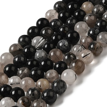 Natural Black Rutilated Quartz Beads Strands, Round, 8~9mm, Hole: 1mm, about 45~48pcs/strand, 15.7 inch.